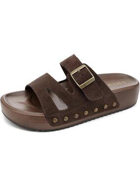 Women's Slides Platform C Brown Genuine Leather Arch Support Buckle Sandals